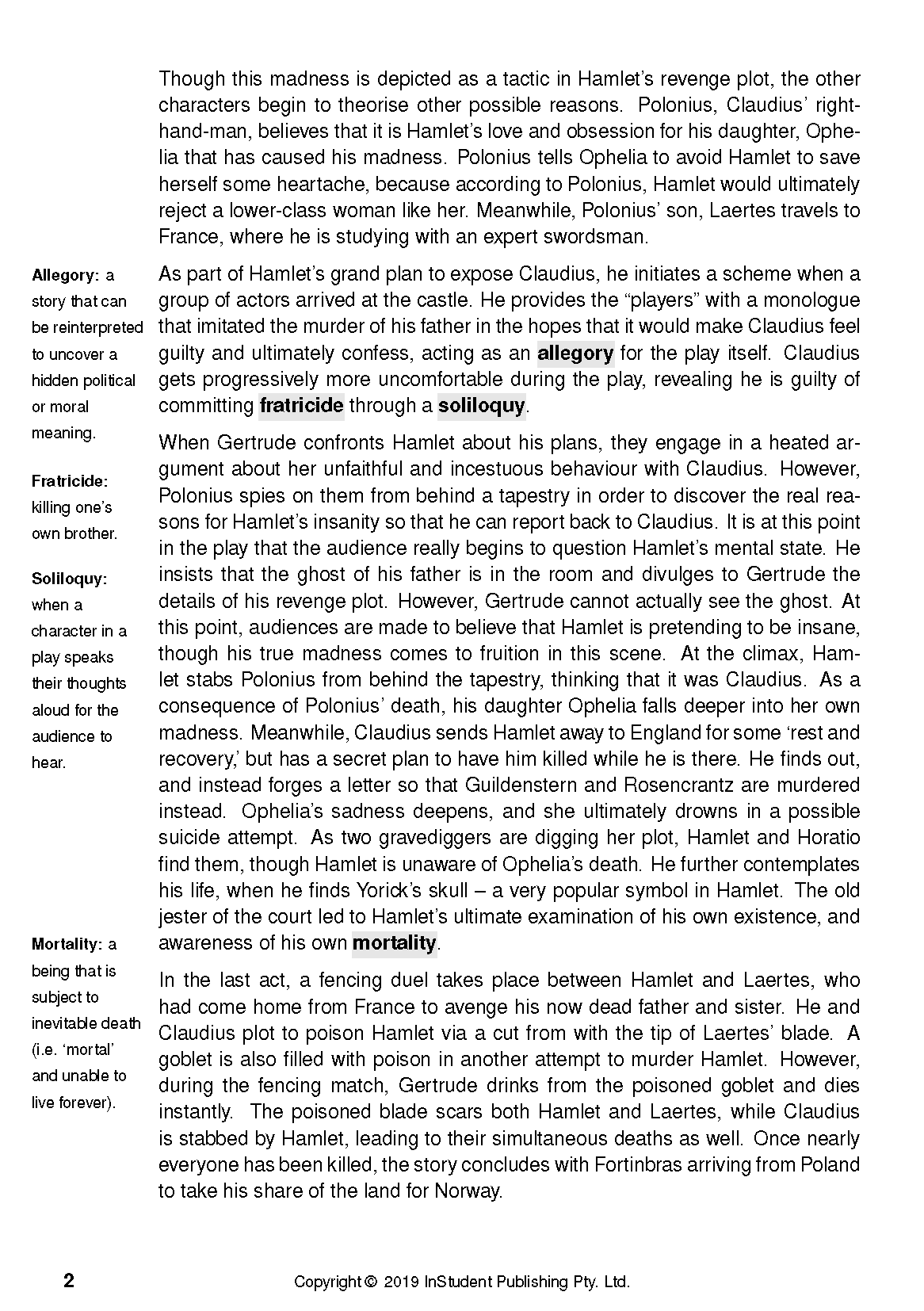 Educational text guide page with definitions for Allegory, Fratricide, Soliloquy, and Mortality, alongside explanations of Shakespeare's Hamlet.