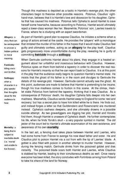 Educational text guide page with definitions for Allegory, Fratricide, Soliloquy, and Mortality, alongside explanations of Shakespeare's Hamlet.