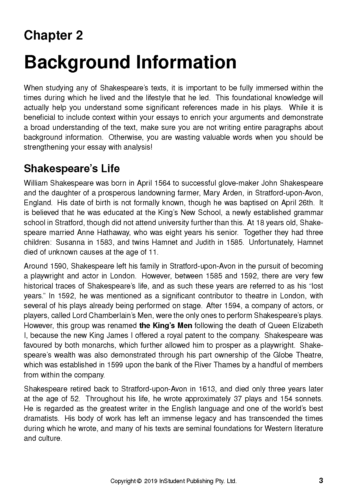 Text guide page about William Shakespeare, showing 'Chapter 2: Background Information' and copyright text.