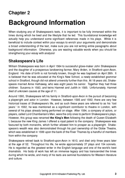 Text guide page about William Shakespeare, showing 'Chapter 2: Background Information' and copyright text.