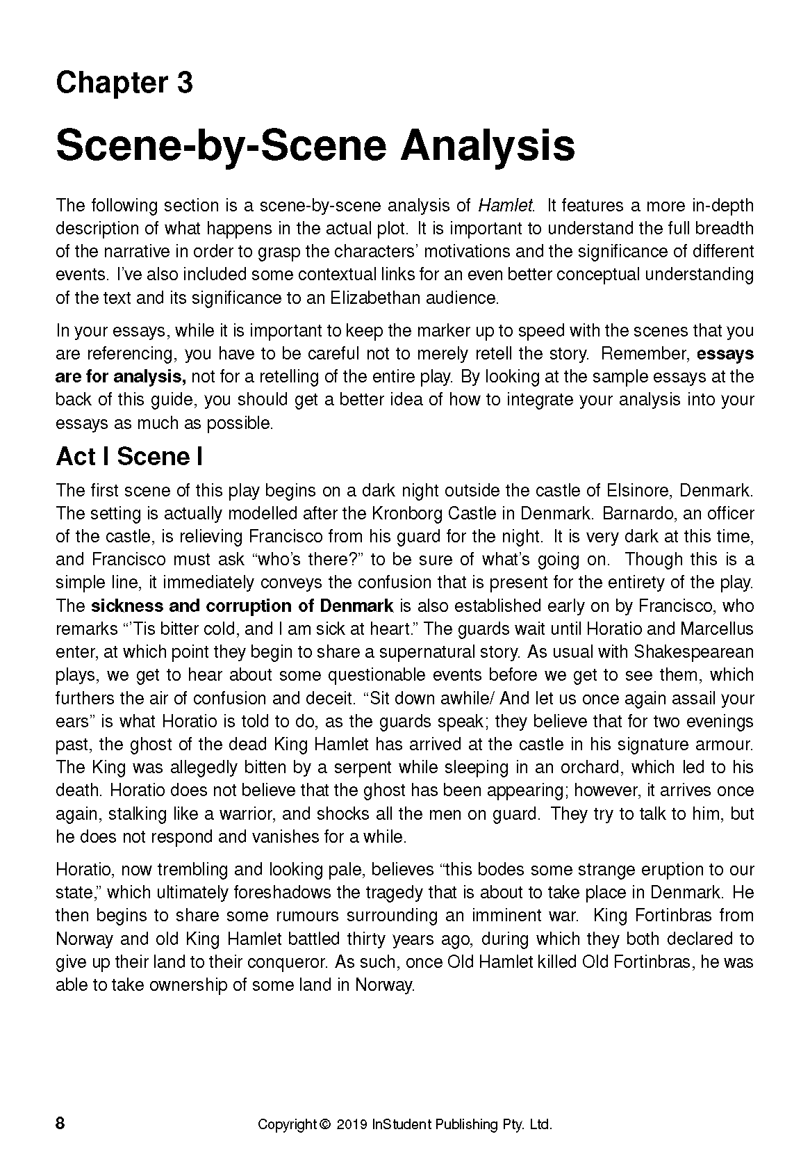 Text Guide for Hamlet by William Shakespeare, a cropped page featuring 'Chapter 3 Scene-by-Scene Analysis' and paragraphs of black text.