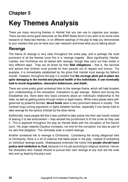 Text Guide page displaying Chapter 5 Key Themes Analysis for Hamlet, with a section on Revenge.