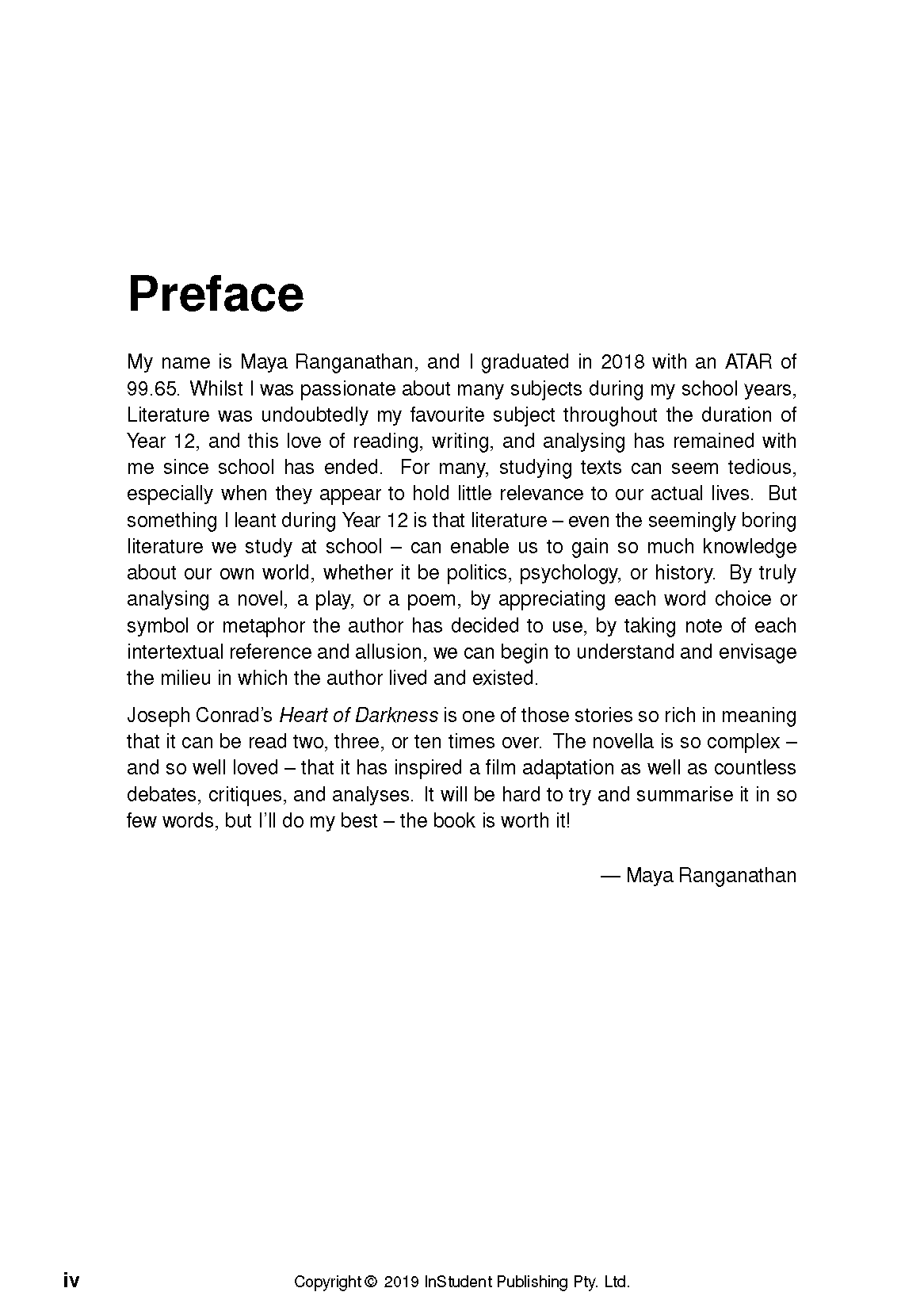 Text Guide page displaying a Preface with black text on white paper discussing Heart of Darkness.