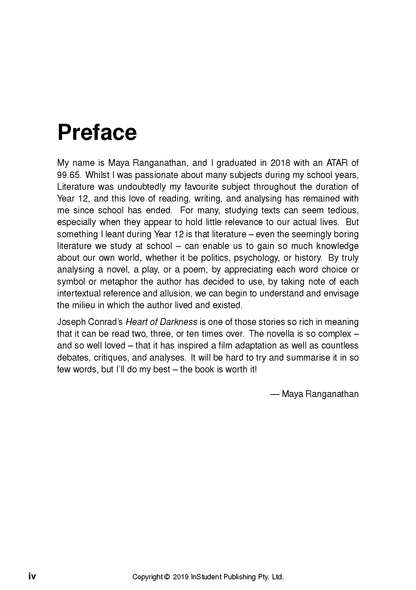 Text Guide page displaying a Preface with black text on white paper discussing Heart of Darkness.