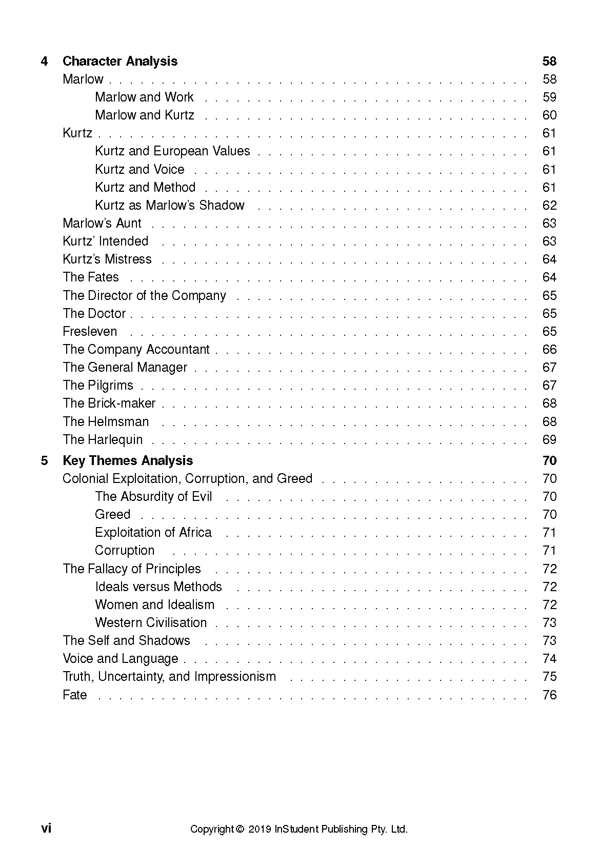 Text guide featuring a table of contents with sections for Character Analysis and Key Themes Analysis, showing page numbers.