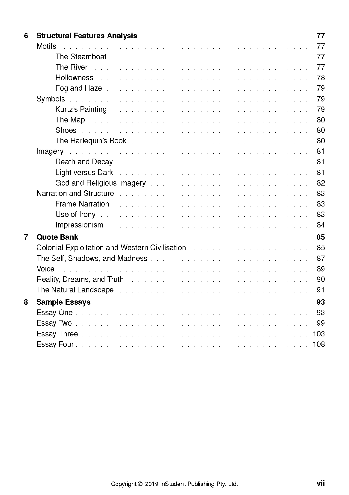 Text guide for Heart of Darkness showing a table of contents page with sections like Structural Features Analysis, Quote Bank, and Sample Essays.
