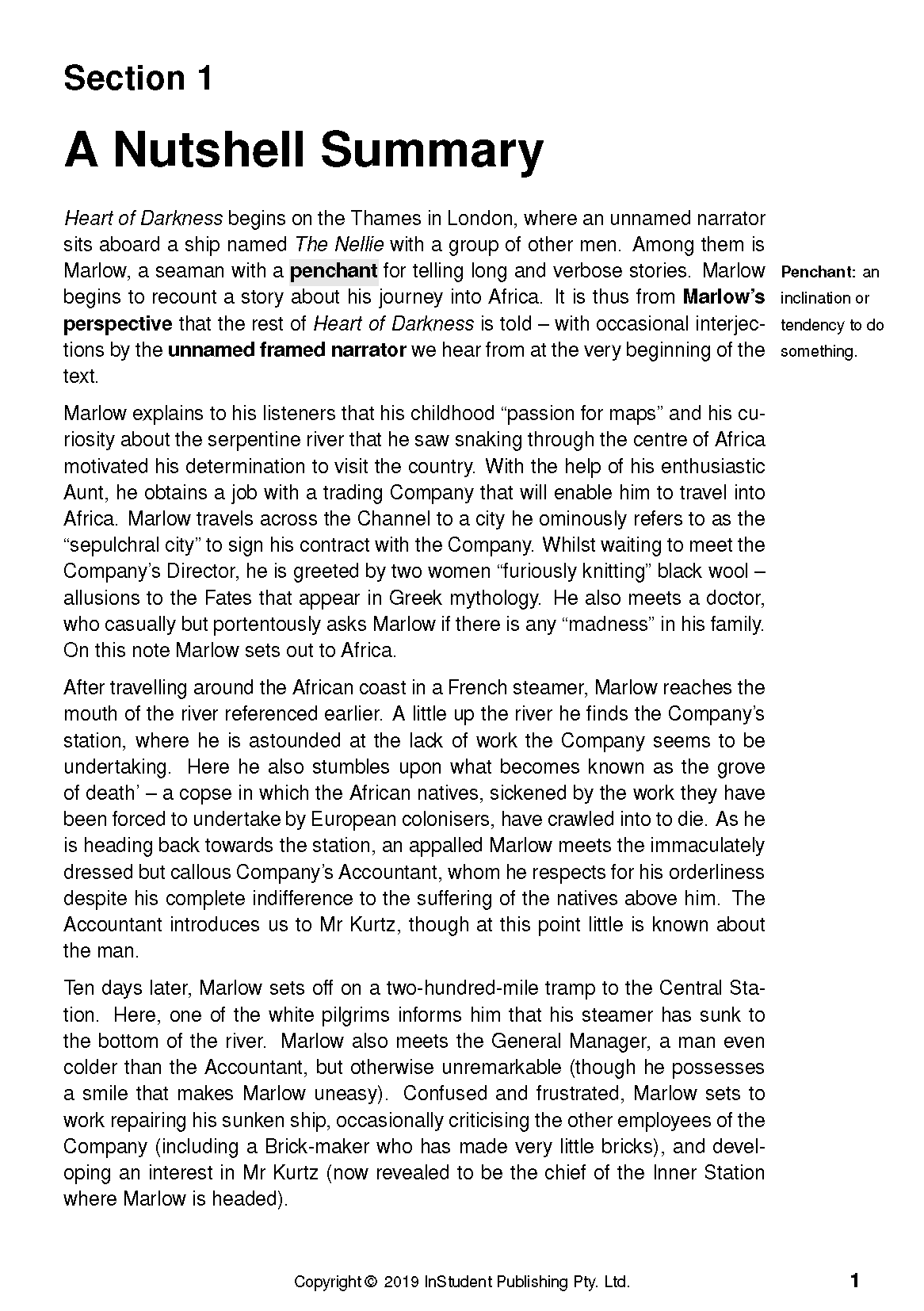 White text guide page by InStudent Publishing Pty. Ltd. showing Section 1 'A Nutshell Summary' about Heart of Darkness.
