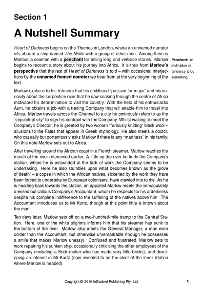 White text guide page by InStudent Publishing Pty. Ltd. showing Section 1 'A Nutshell Summary' about Heart of Darkness.