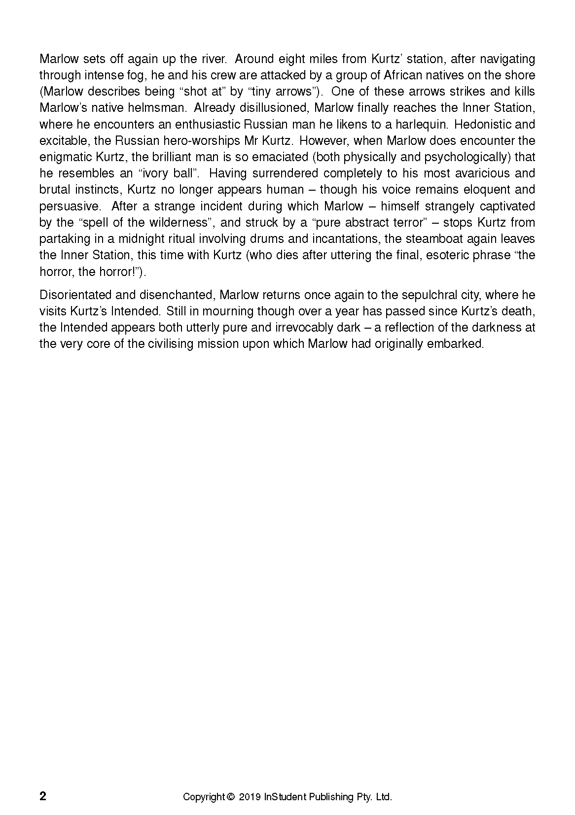 White Text Guide page by InStudent Publishing Pty. Ltd. displaying content about Heart of Darkness, with page number 2.