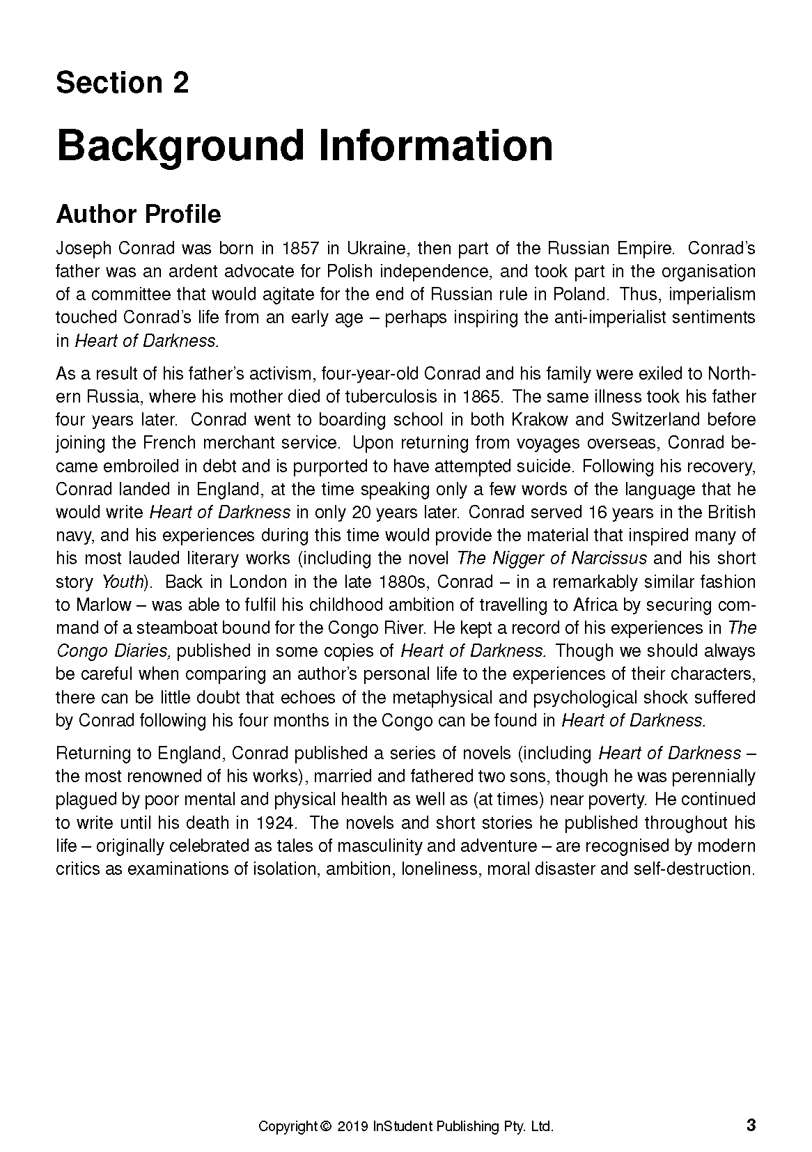 White text guide page by InStudent Publishing Pty. Ltd. detailing Joseph Conrad's background with 'Section 2' and 'Author Profile' headings.