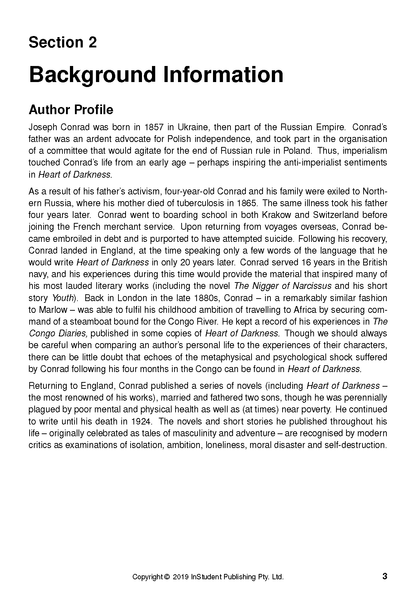 White text guide page by InStudent Publishing Pty. Ltd. detailing Joseph Conrad's background with 'Section 2' and 'Author Profile' headings.