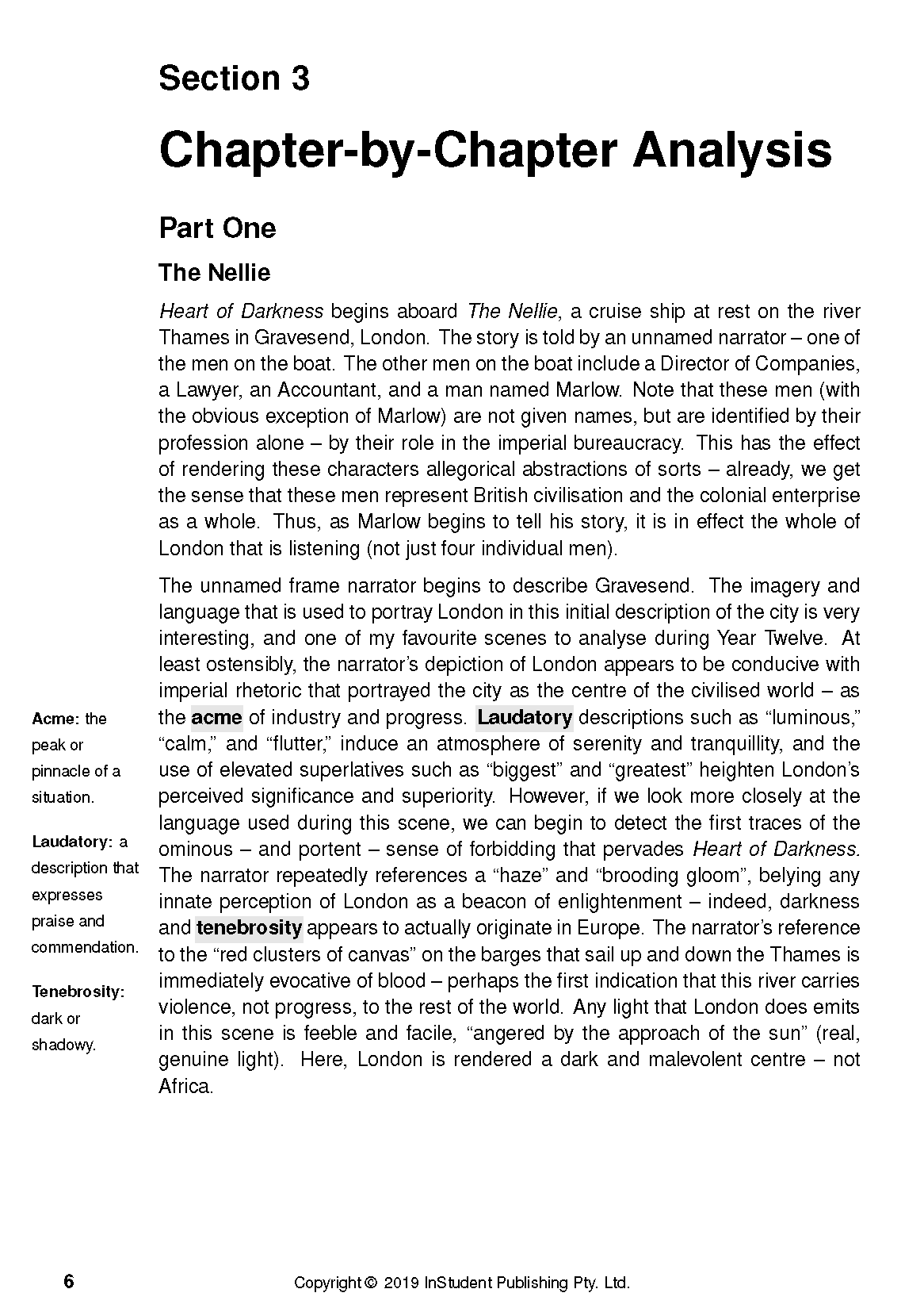 Text Guide page by InStudent Publishing Pty. Ltd. displaying 'Section 3 Chapter-by-Chapter Analysis' for Heart of Darkness with margin definitions.