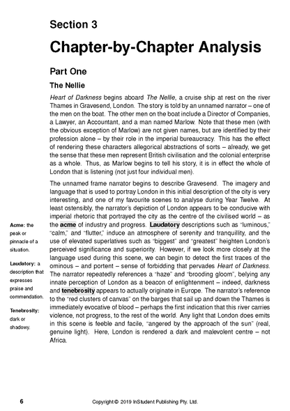 Text Guide page by InStudent Publishing Pty. Ltd. displaying 'Section 3 Chapter-by-Chapter Analysis' for Heart of Darkness with margin definitions.