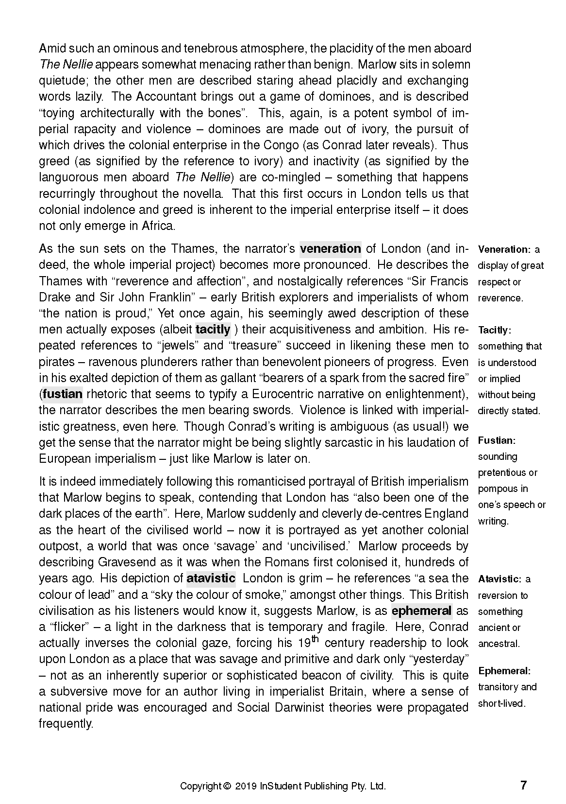 Text guide page with black text on white paper from InStudent Publishing Pty. Ltd., discussing Heart of Darkness by Joseph Conrad with a right-aligned glossary.