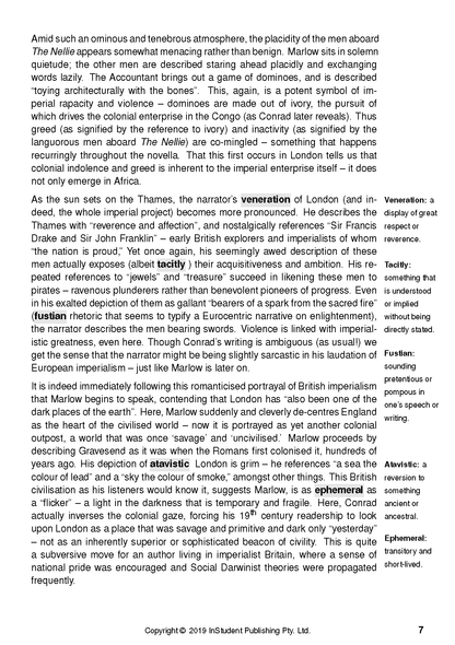 Text guide page with black text on white paper from InStudent Publishing Pty. Ltd., discussing Heart of Darkness by Joseph Conrad with a right-aligned glossary.