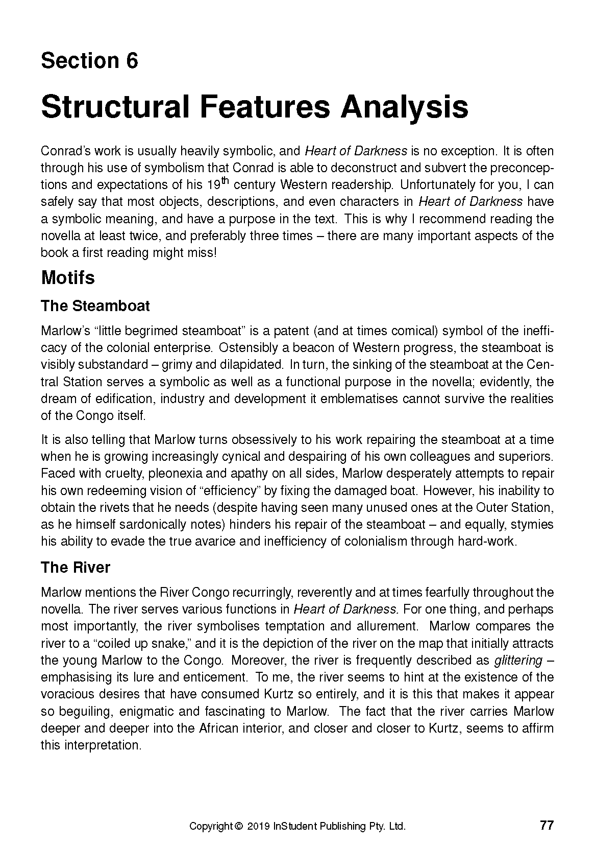 Text guide for "Heart of Darkness" by InStudent Publishing Pty. Ltd., displaying sections on structural analysis and motifs.