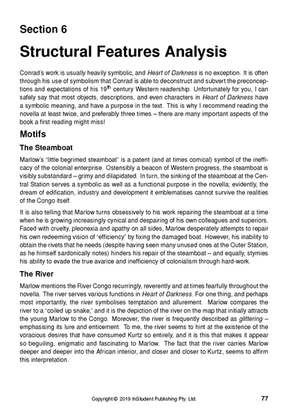Text guide for "Heart of Darkness" by InStudent Publishing Pty. Ltd., displaying sections on structural analysis and motifs.