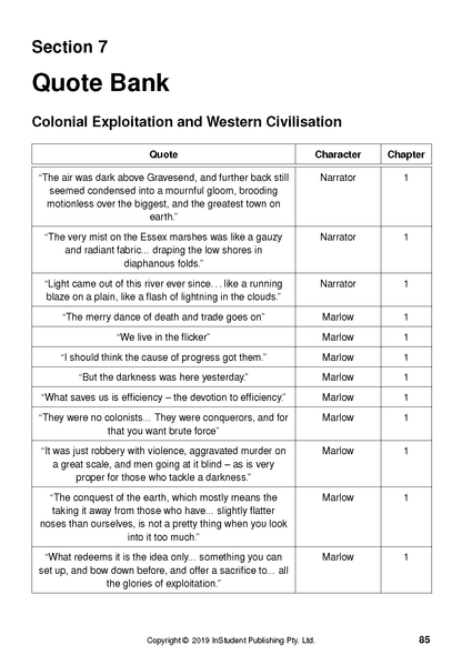 Text guide page featuring a 'Quote Bank' for Heart of Darkness, displaying quotes, characters, and chapters in a table.