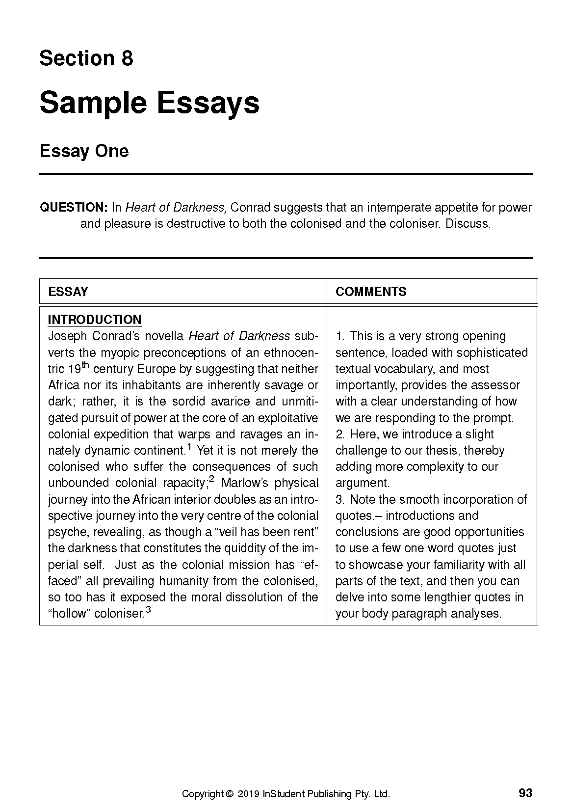 Text guide page featuring a sample essay on Heart of Darkness with detailed analytical comments.