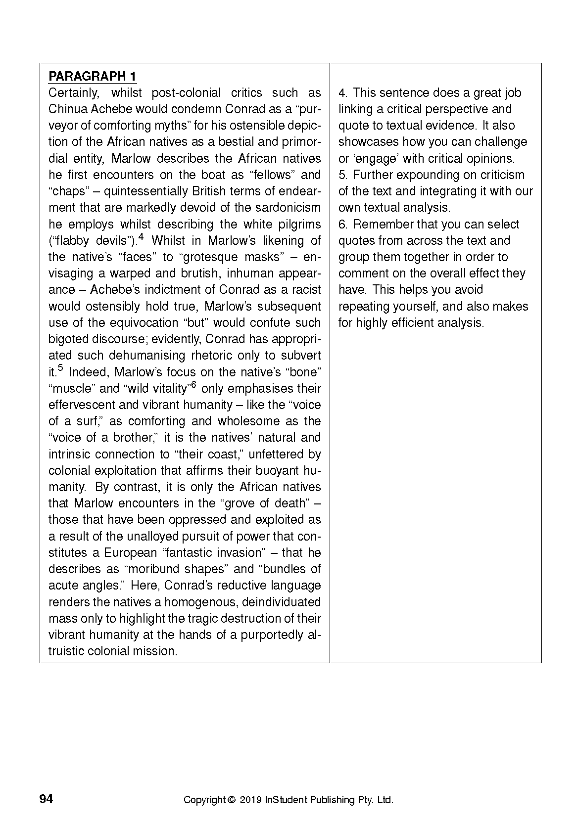Text Guide page featuring a scholarly paragraph on Conrad's 'Heart of Darkness' and numbered points with critical analysis writing advice.