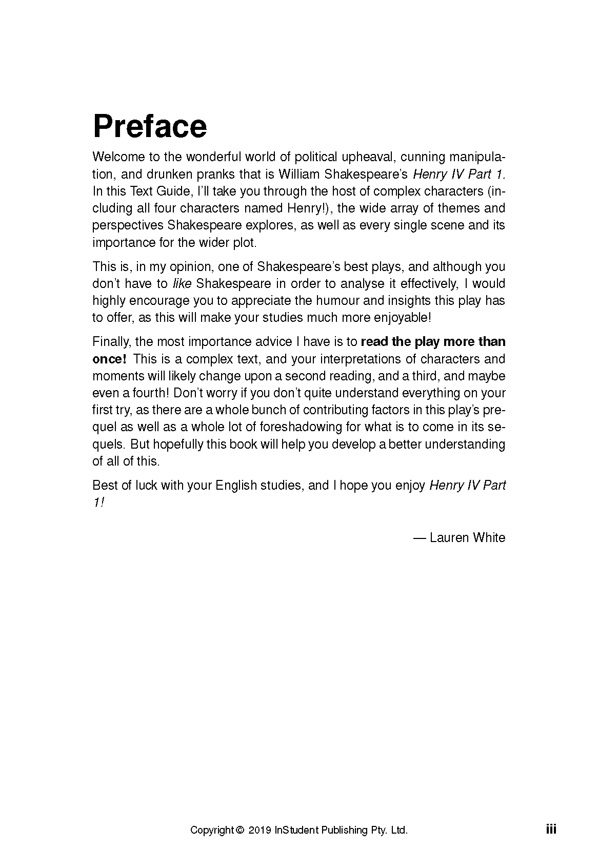 Text guide page displaying the "Preface" with black text about Shakespeare's Henry IV Part 1, signed by Lauren White.