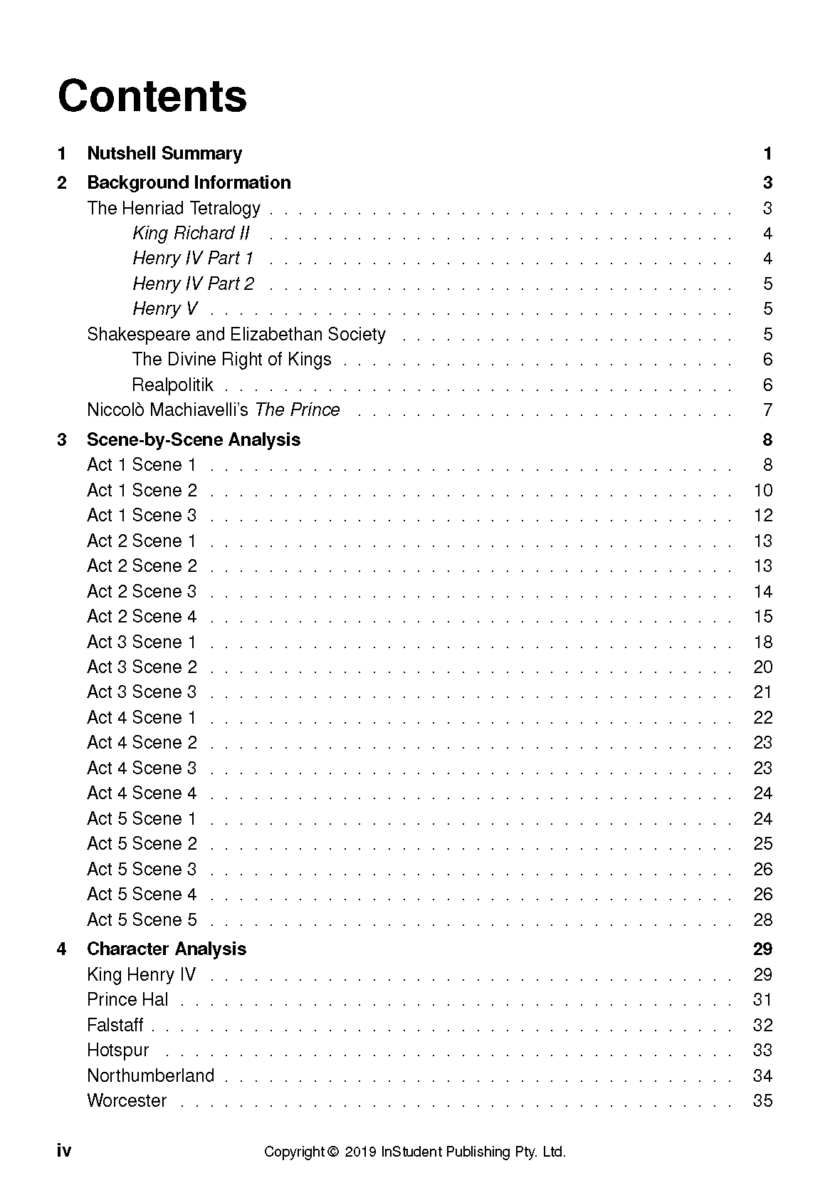 Text guide by InStudent Publishing Pty. Ltd., displaying a table of contents for Henry IV Part 1 with detailed analysis sections.