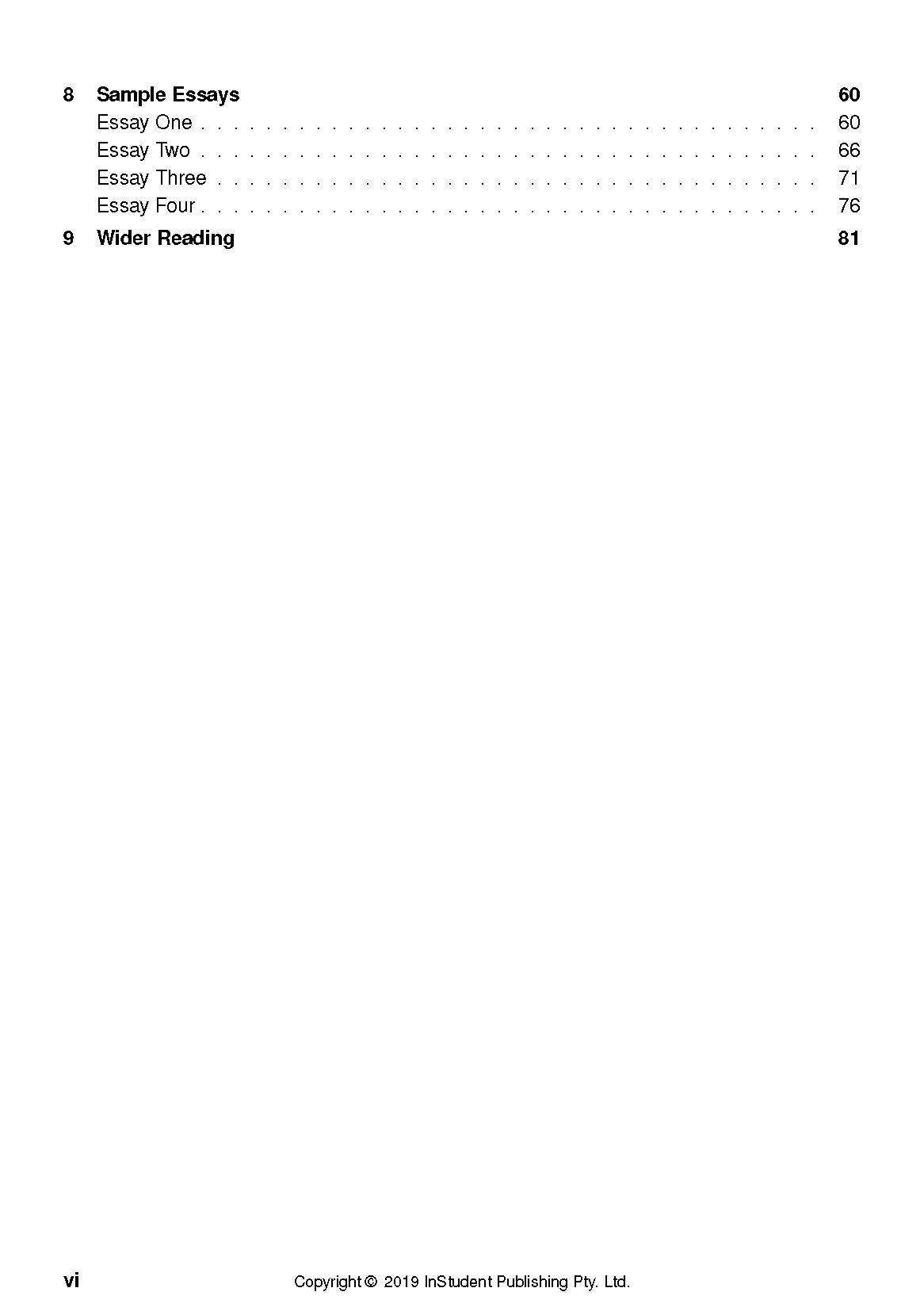 Text guide open to a page showing a table of contents with sections for sample essays and wider reading, including page numbers.