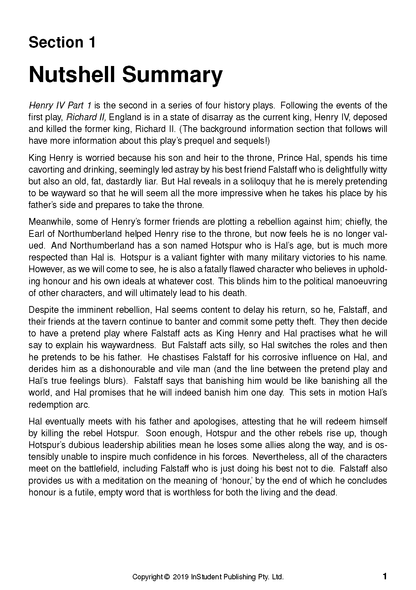 Text Guide for Henry IV Part 1 by William Shakespeare, featuring a 'Nutshell Summary' heading and black text on a white page.