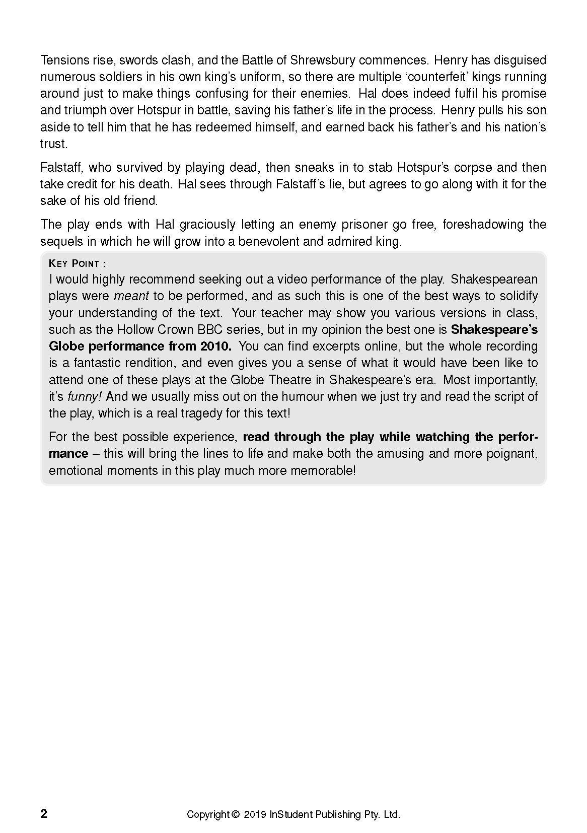 A text guide for Henry IV Part 1 by William Shakespeare, displaying a page with black text on a white background, a boxed 'KEY POINT' section, and copyright notice.