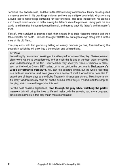 A text guide for Henry IV Part 1 by William Shakespeare, displaying a page with black text on a white background, a boxed 'KEY POINT' section, and copyright notice.