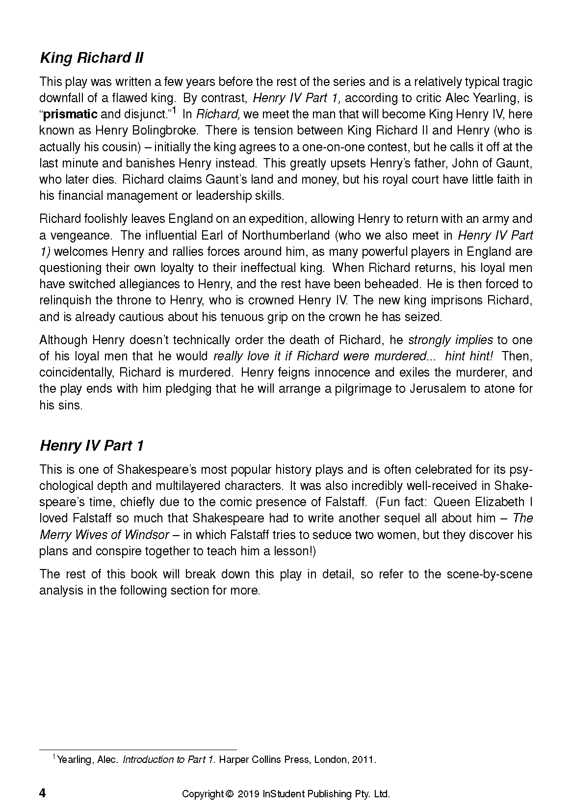 Text guide page featuring black text on a white background, with content on King Richard II and Henry IV Part 1, and footnotes.