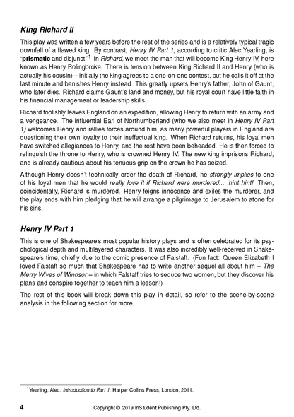 Text guide page featuring black text on a white background, with content on King Richard II and Henry IV Part 1, and footnotes.