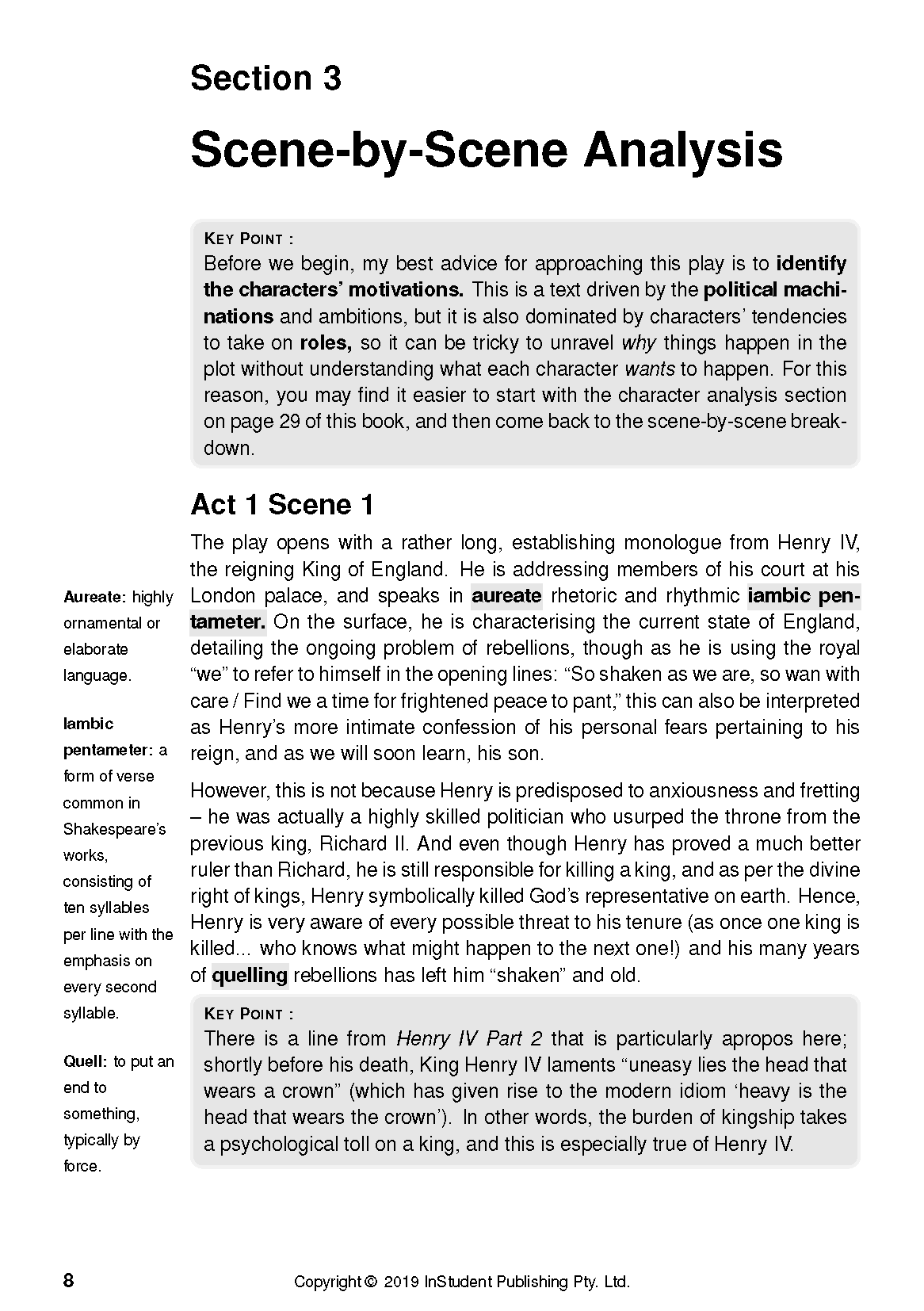 Page from a text guide displaying 'Section 3 Scene-by-Scene Analysis', with key points, marginal definitions, and page number 8.