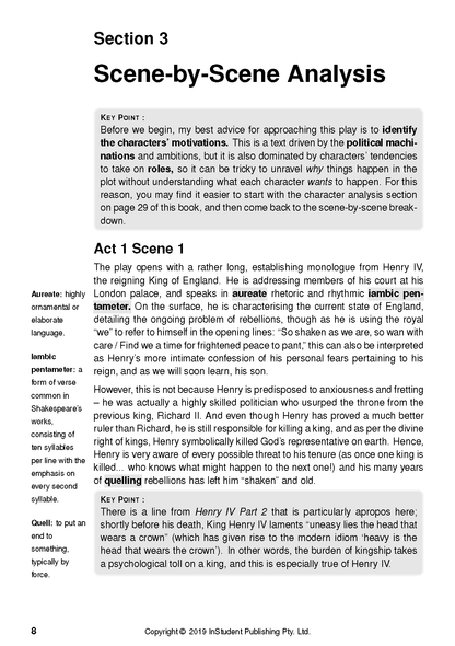 Page from a text guide displaying 'Section 3 Scene-by-Scene Analysis', with key points, marginal definitions, and page number 8.