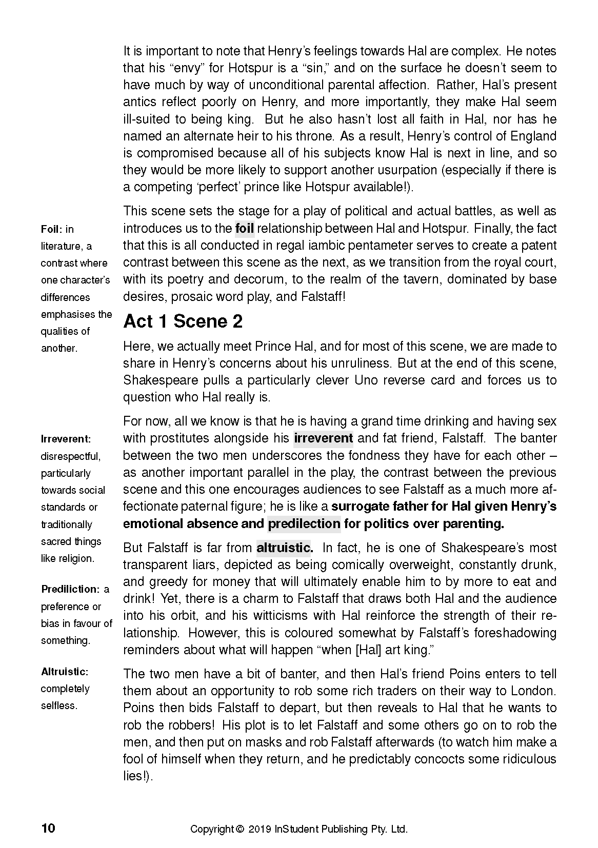 Text guide page with literary analysis of Henry IV Part 1, featuring text and definitions in the margin.