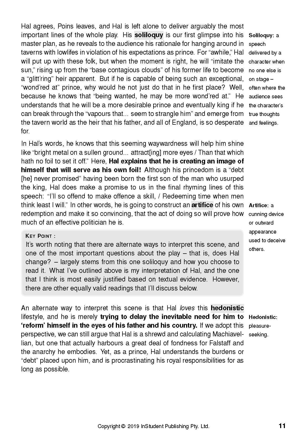 Text guide page from InStudent Publishing Pty. Ltd. with black paragraphs on a white background and vocabulary definitions.