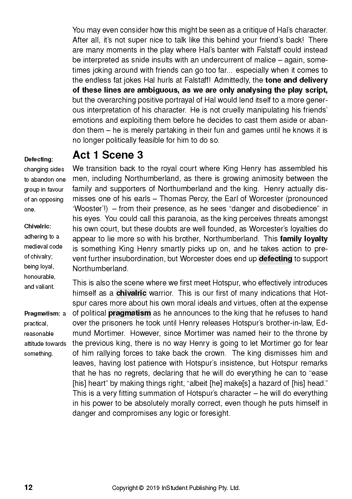 Text guide page showing black text on white paper, featuring paragraphs, definitions, and highlighted literary terms.