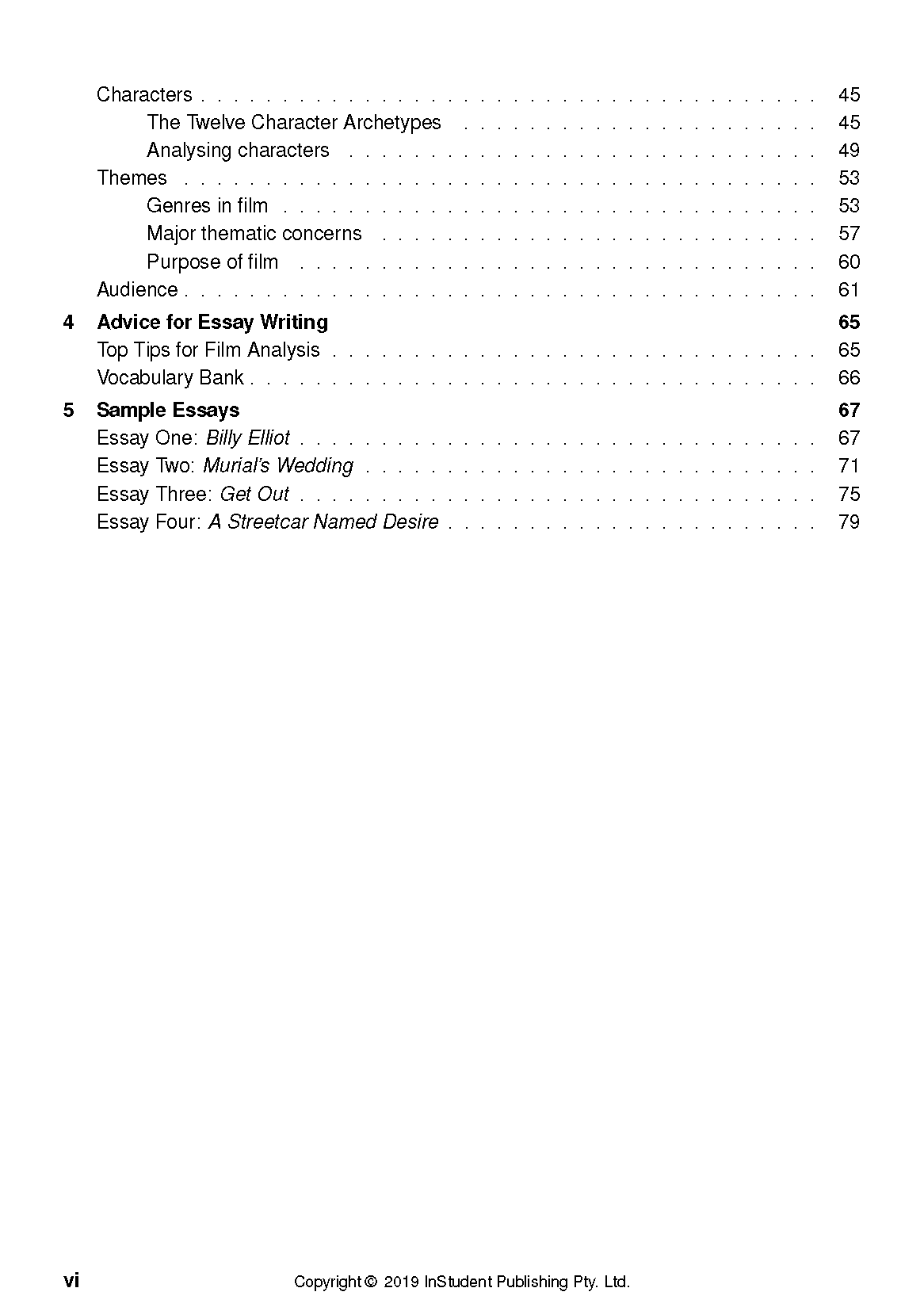 Page from a film analysis guide by ATAR Notes, displaying a table of contents with headings like Characters, Themes, Sample Essays, and page numbers.