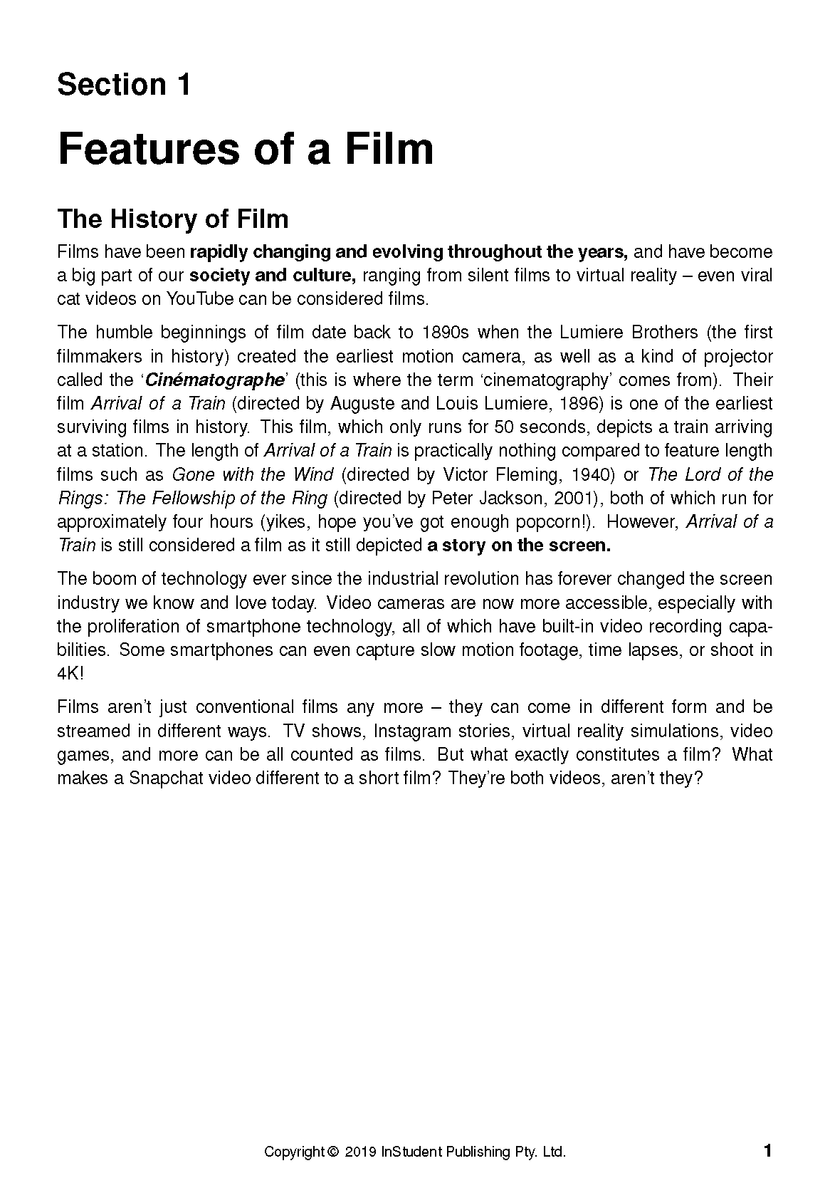 Printed text guide page from ATAR Notes, detailing film analysis with sections 'Features of a Film' and 'The History of Film'.
