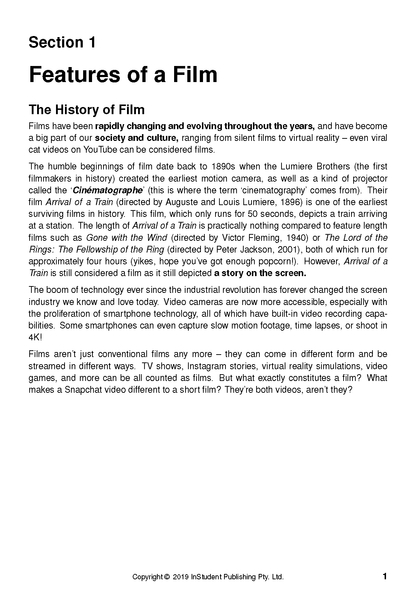 Printed text guide page from ATAR Notes, detailing film analysis with sections 'Features of a Film' and 'The History of Film'.