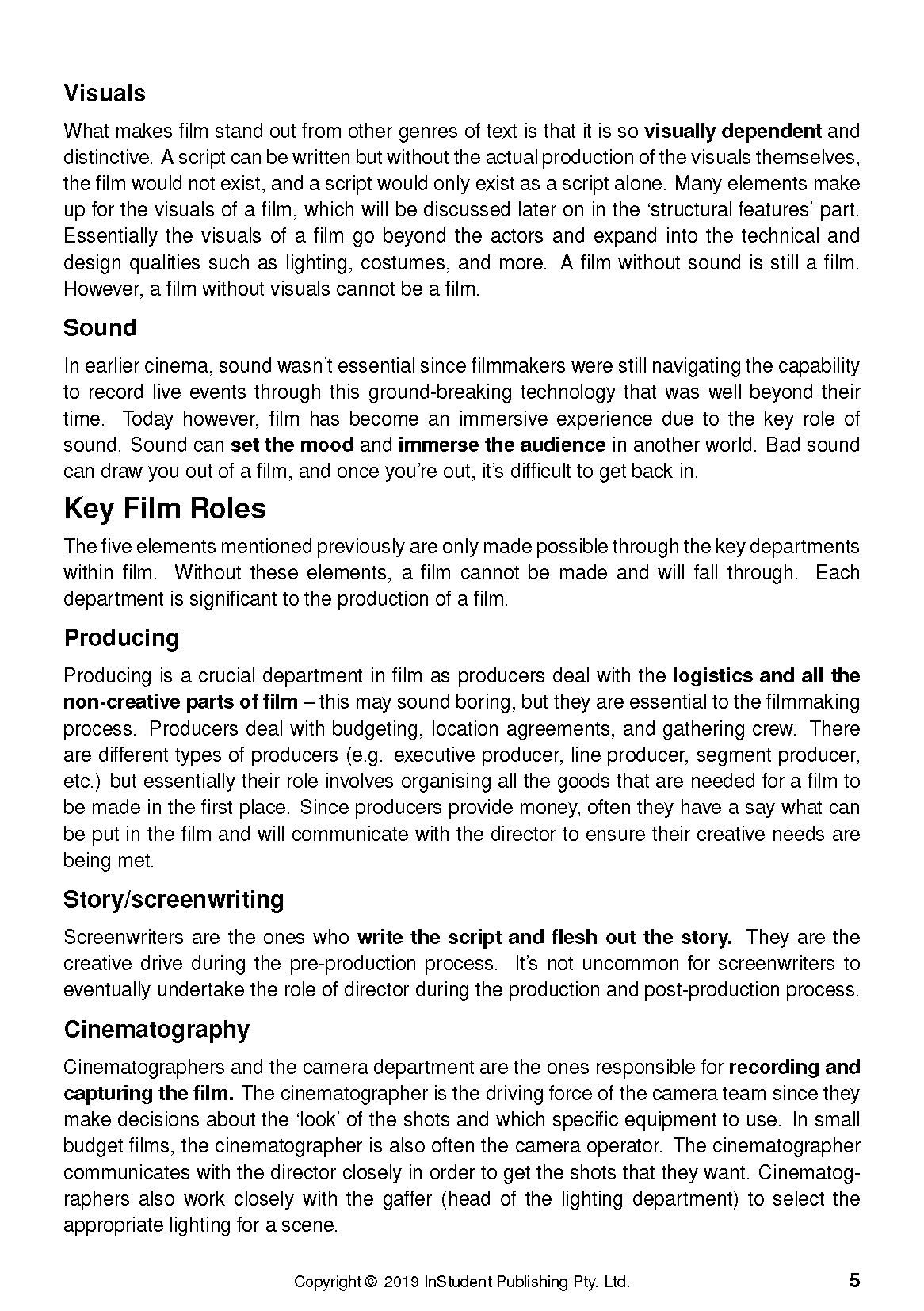 White text guide page by ATAR Notes with black headings and body text on film analysis, page 5.