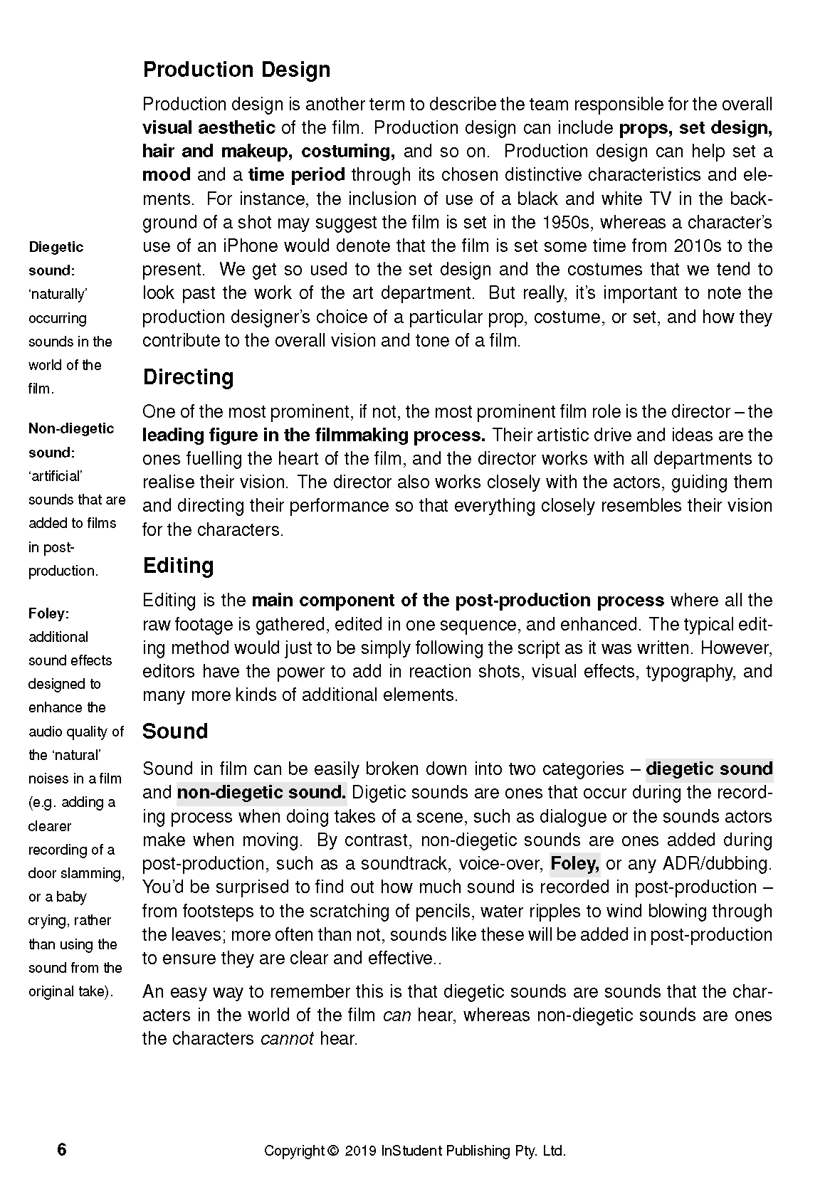 Analysis guide by ATAR Notes showing a page with headings Production Design, Directing, Editing, and Sound.