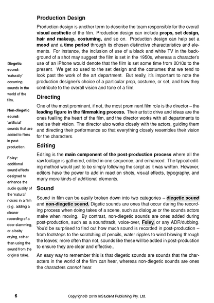 Analysis guide by ATAR Notes showing a page with headings Production Design, Directing, Editing, and Sound.