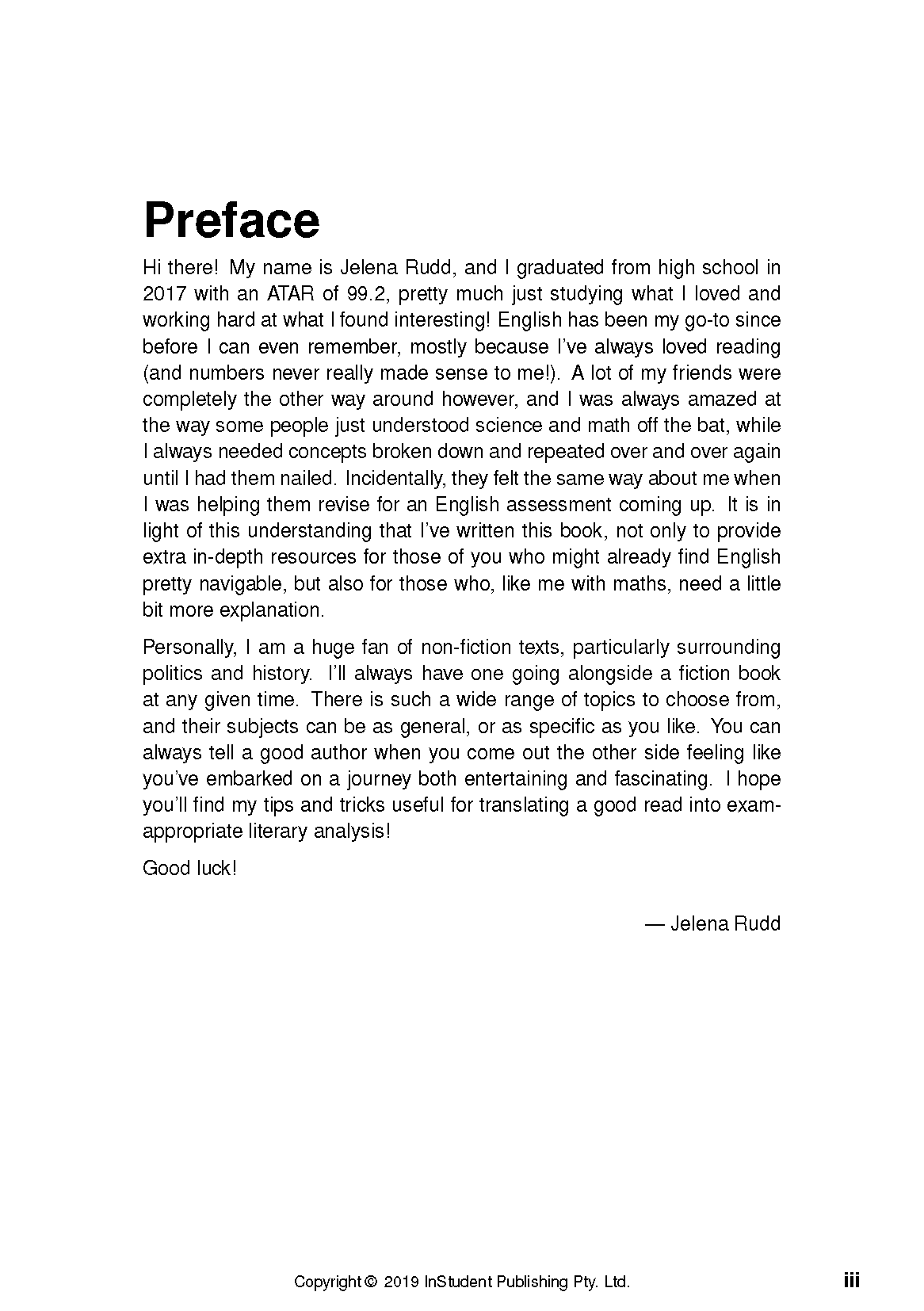 White page with black text from a Non-Fiction Analysis Guide by ATAR Notes, featuring the 'Preface' chapter, author signature, copyright, and page number.