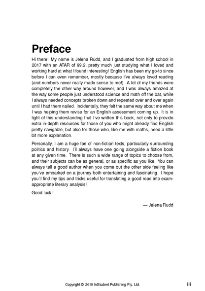 White page with black text from a Non-Fiction Analysis Guide by ATAR Notes, featuring the 'Preface' chapter, author signature, copyright, and page number.