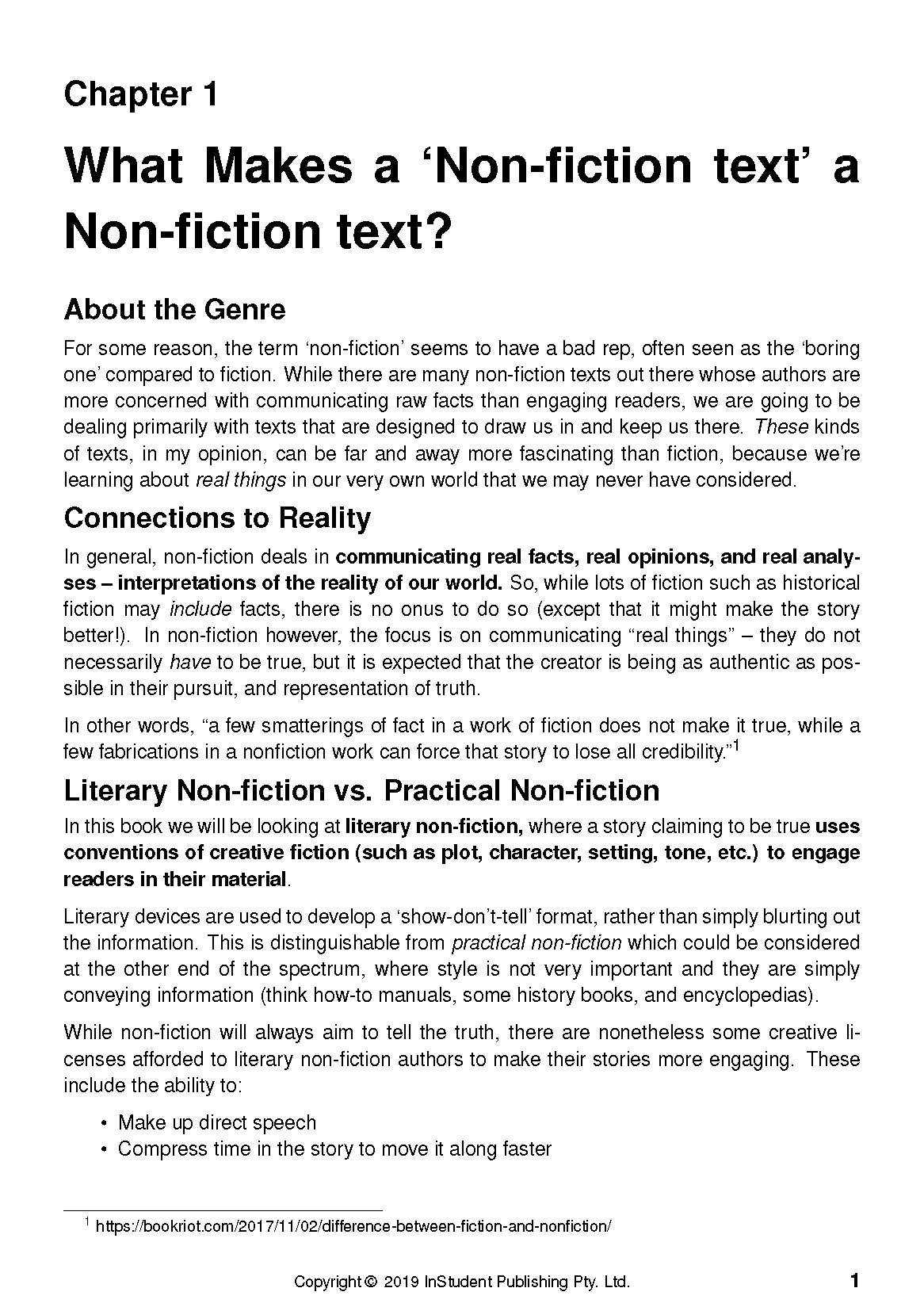 Text guide page by ATAR Notes, showing Chapter 1 ‘What Makes a Non-fiction text a Non-fiction text?’ in black on white.
