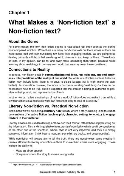 Text guide page by ATAR Notes, showing Chapter 1 ‘What Makes a Non-fiction text a Non-fiction text?’ in black on white.