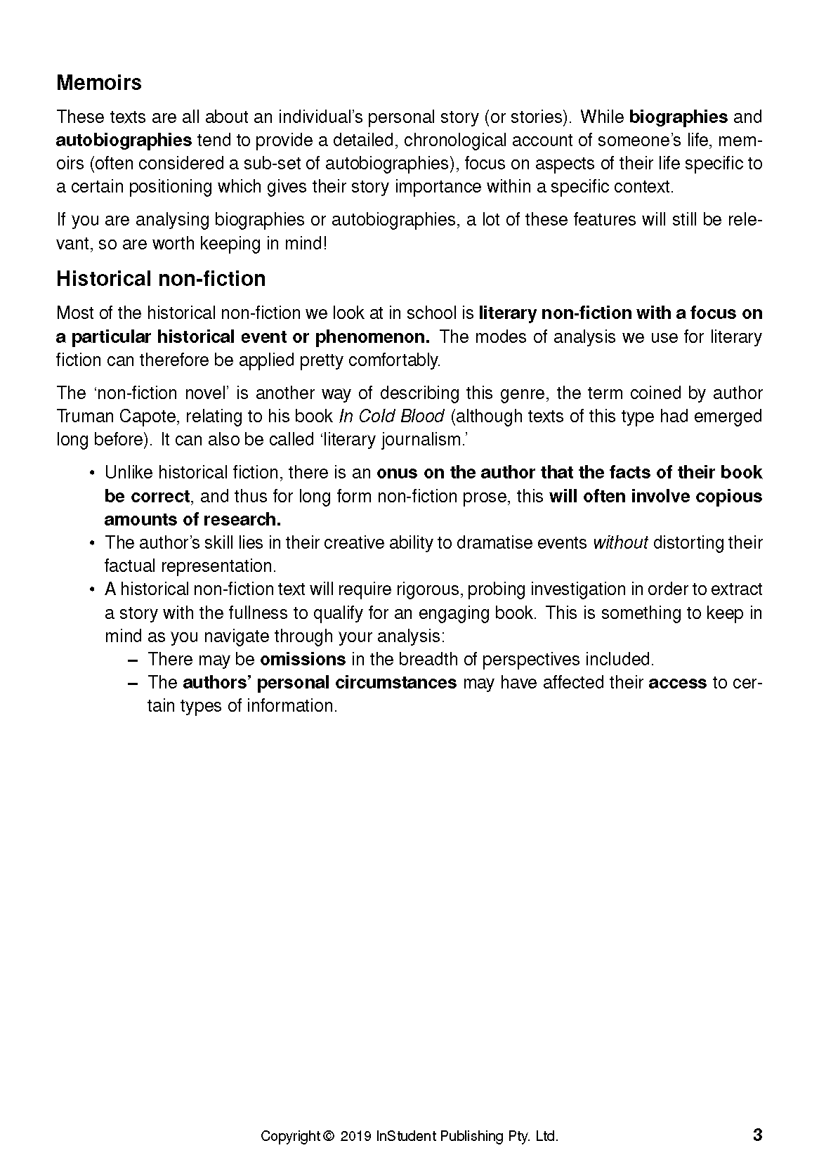 A white page from a Non-Fiction Analysis Guide by ATAR Notes, featuring black text on memoirs and historical non-fiction.