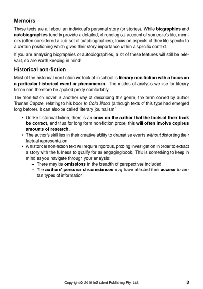 A white page from a Non-Fiction Analysis Guide by ATAR Notes, featuring black text on memoirs and historical non-fiction.