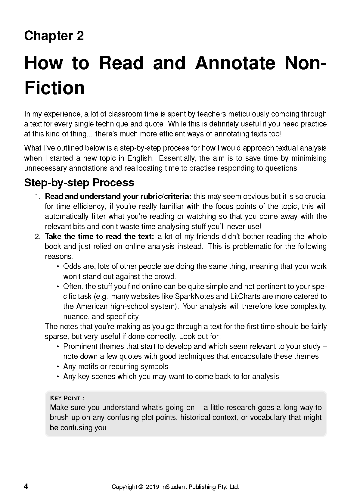 White academic guide page by ATAR Notes, with black text detailing Chapter 2 'How to Read and Annotate Non-Fiction' and a KEY POINT box.